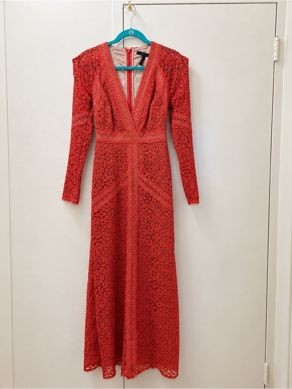 BCBGMaxAzria Red Long-Sleeve Lace V-Neck Maxi Dress